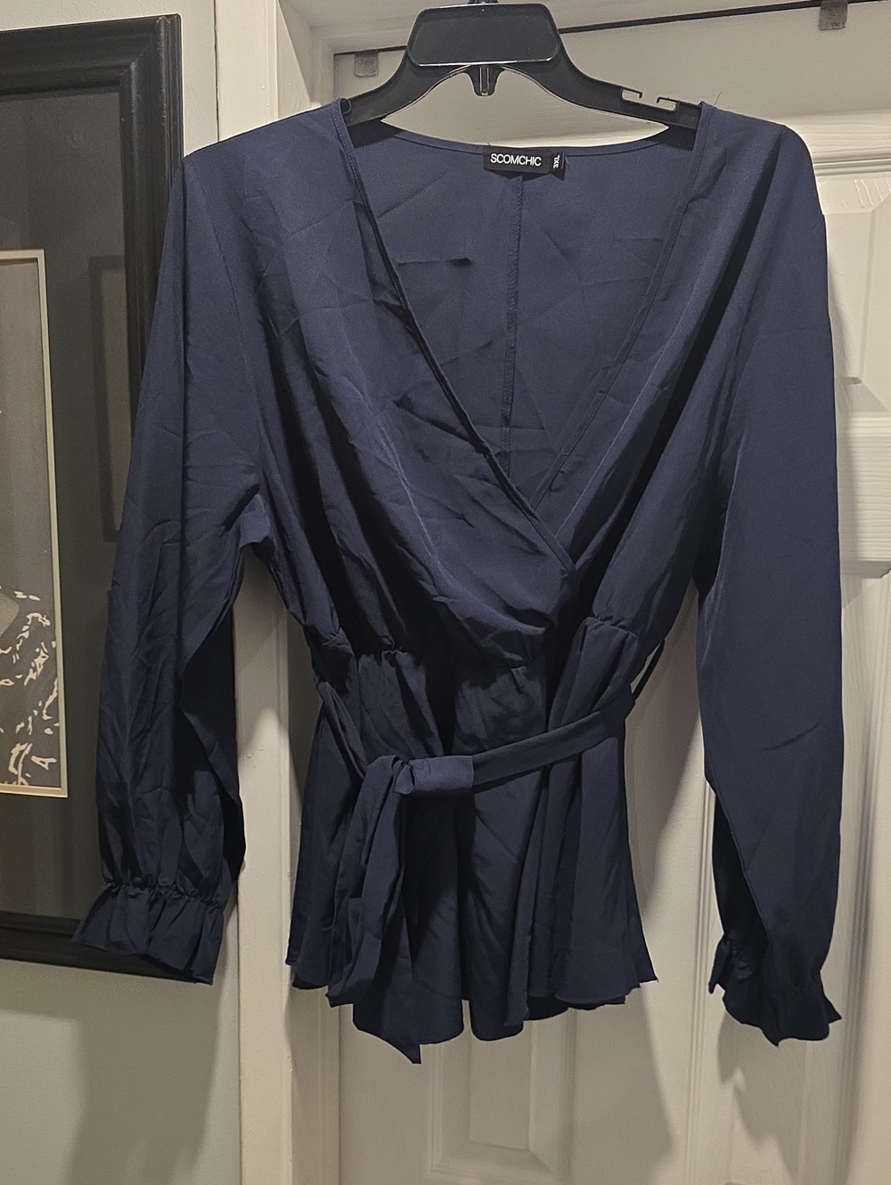 Navy Wrap Blouse with Tie Waist